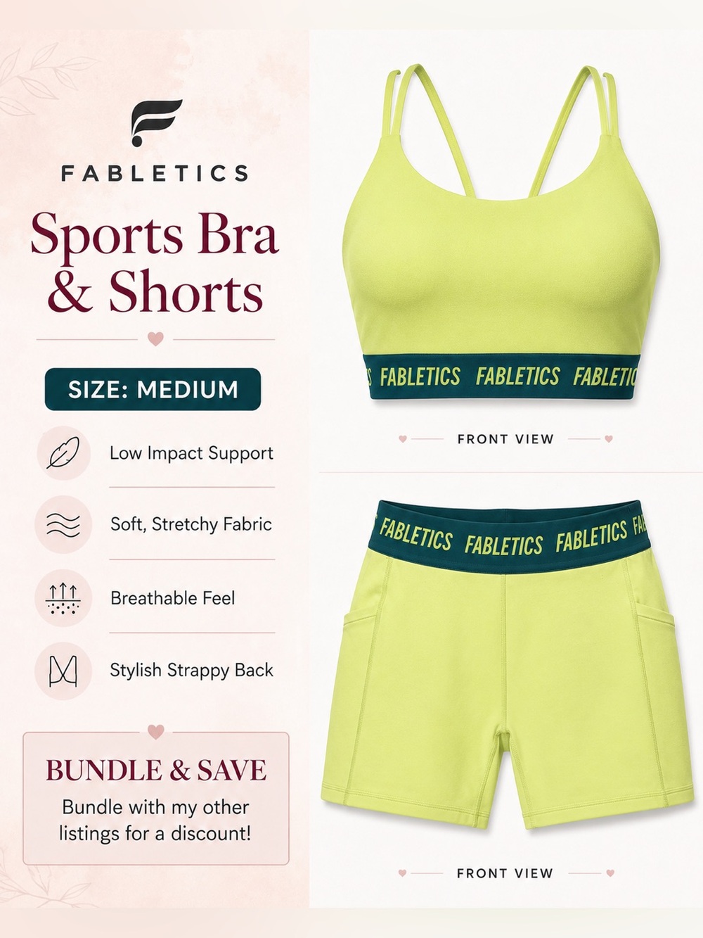 Fabletics set medium Women's Lime Green Sports Bra & Shorts Set